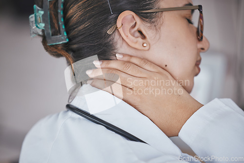 Image of Neck pain, doctor and hand of a healthcare worker with anxiety, burnout and stress from work. Wellness, nurse and hospital employee joint injury at an insurance company feeling fatigue and tired