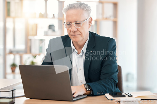 Image of Computer work, senior man and business data of a employee in a office with accounting research. Digital, finance and online planning of an elderly accountant working with web analytics project
