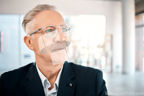 Image of Senior businessman, thinking and vision for corporate idea, strategy or wondering about project plan at the office. Elderly male manager or CEO contemplating company finance, mindset or mission