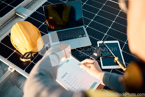 Image of Engineer, laptop and man with clipboard, planning and update system with manual, hard hat and fix problems. Male employee, business owner and leader with device, maintenance and upgrade solar panels