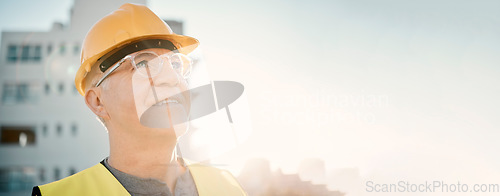 Image of Senior man, builder and construction in the city with smile and helmet for safety or security at site on mockup. Elderly male contractor, engineer or technician face smiling with hard hat in town