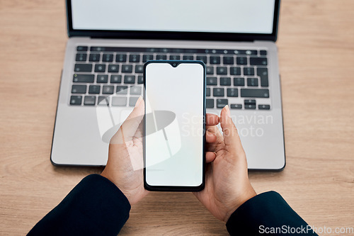 Image of Top view, mockup and hands with smartphone, screen and connection for internet, digital planning or business deals. Woman, employee or entrepreneur with laptop, zoom or cellphone for typing in office