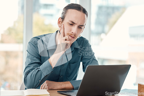 Image of Business, laptop and man thinking, decision and confusion for deadline, new project and schedule. Corporate, male employee and manager with device, glitch and problems with trading and investment