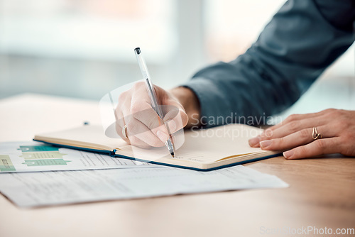 Image of Writing, notebook and office worker hands of a business woman at a desk working, Schedule planning, research and data job of a creative employee at the workplace busy with company strategy list