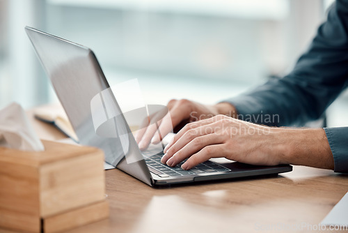 Image of Closeup, business and hands with laptop, typing and digital planning with online schedule and deadline. Zoom, man and employee with device, connection and search internet for solutions and innovation
