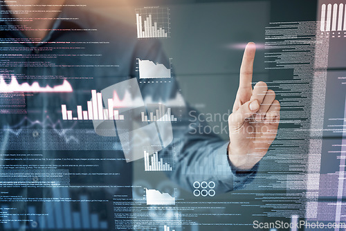 Image of Man, night and overlay for data analytics by chart, graph and tech innovation for planning in office. Information technology expert, 3d holographic or hand for web design, focus or fintech for budget