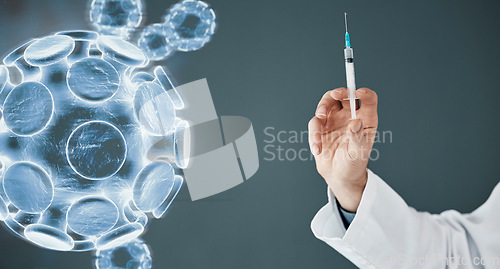 Image of Hologram, hand and doctor with needle, virus and cure for wellness, treatment and diagnosis for illness. Closeup, doctor or medical professional with holograph, innovation or injection for antibodies