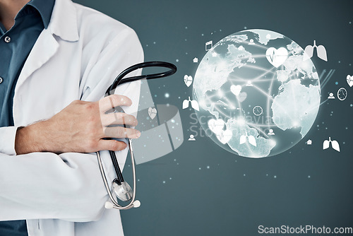 Image of Closeup, stethoscope and doctor with hologram, global and futuristic healthcare, trust or cure. Zoom, medical professional or male with holograph, world crisis or research for diagnosis or innovation