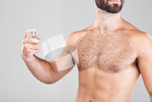 Image of Cologne, perfume and man with spray bottle in an isolated gray background studio. Cosmetic, luxury and body care product with a male model holding a fragrance in hands spraying his chest with mockup