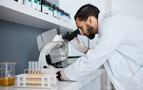 Image of Science, microscope and innovation with a doctor man at work in a laboratory for research or development. Medical, analytics and biotechnology with a male scientist working in a lab for breakthrough