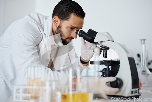 Image of Science, microscope and research with a doctor man at work in a laboratory for innovation or development. Medical, analytics and biotechnology with a male scientist working in a lab for breakthrough