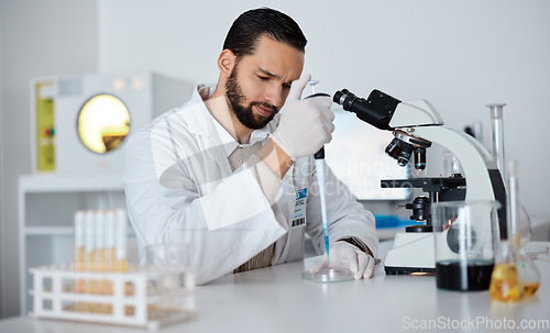 Image of Science, man and pipette for research, laboratory and experiment for breakthrough, focus and healthcare. Researcher, male and scientist with sample, vaccine and glass equipment for healthcare or cure