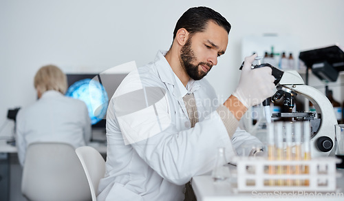 Image of Scientist, man and research in laboratory with dropper, test tubes and medical investigation. Expert science worker, dna genetics and healthcare vaccine for medicine, innovation and pharma analytics