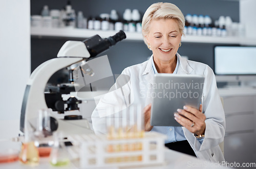 Image of Science, tablet and research woman with microscope data analytics, test results and laboratory software management. Biotechnology, medicine and digital healthcare expert, scientist or senior person