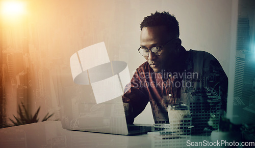 Image of Black man, laptop and night with overlay, analysis or reading for web design, website ux or screen. Information technology expert, technician or computer with 3d holographic for vision, ui and coding