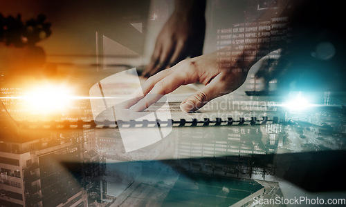 Image of Document, planning and hands with city overlay or double exposure for engineering project management. Teamwork, analysis and review of paperwork or portfolio for urban buildings, development strategy