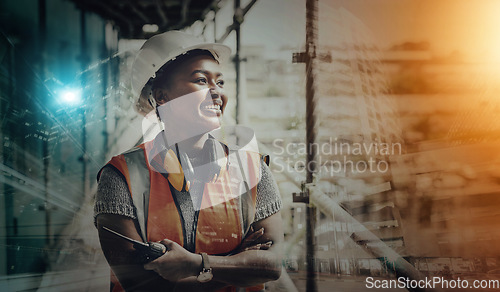 Image of Construction, black woman and leadership at work site, helmet for safety with communication device. Architecture, contractor and double exposure, building industry overlay and engineer with mockup