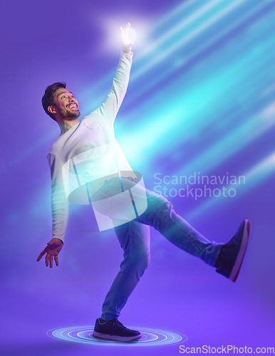 Image of Virtual reality, man in action and digital overlay for cyberpunk metaverse, gaming user experience and scifi in studio. Software, future and gamer person isolated on a purple background with 3d dance