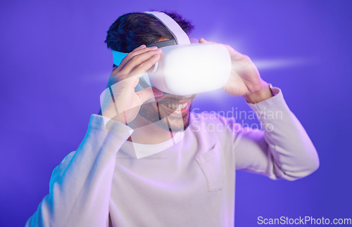 Image of Future of ai, man with vr headset and digital transformation for metaverse experience in technology. Person streaming augmented reality simulation, futuristic gaming and vision for virtual reality ux