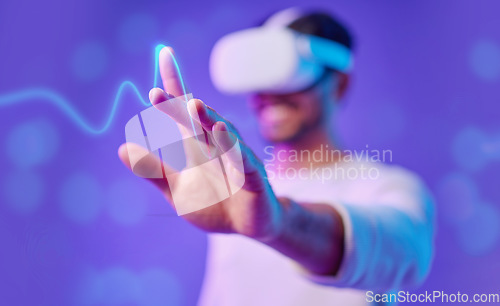 Image of Metaverse, hand and virtual reality, man and screen touch, futuristic and technology innovation in studio. Digital simulation, ux and gaming, cyber tech overlay and vr goggles on purple background