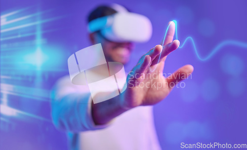 Image of Metaverse, hand and vr, man and screen touch, futuristic and technology innovation in studio. Digital simulation, ux and gaming, cyber tech overlay and virtual reality goggles on purple background