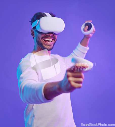 Image of Metaverse, virtual reality glasses and a man with vr control futuristic gaming, cyber and 3d world. Gamer person with controller in hand for ar, digital experience and cyberpunk purple background app