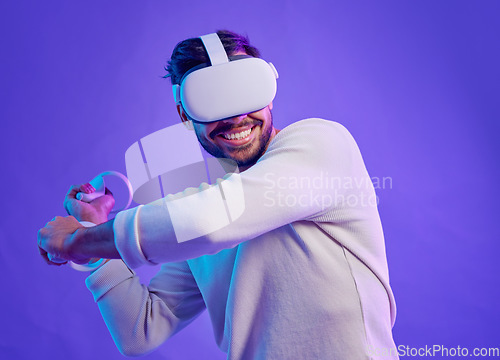 Image of Man fight in metaverse, virtual reality glasses and futuristic game for vr gaming in cyber 3d world. Gamer person with hand controller for ar, digital experience and cyberpunk purple background app