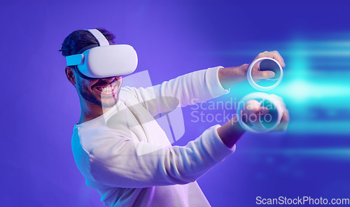 Image of Virtual reality headset, metaverse and man fight for futuristic gaming, cyber and 3d world. Gamer person with hand for ar overlay, digital experience and creative cyberpunk purple background app