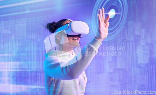 Image of Virtual reality glasses, woman and hologram for games, esports and UI user with futuristic ideas, metaverse and activity with overlay. Vr, female gamer and lady with holograph, innovation and playful