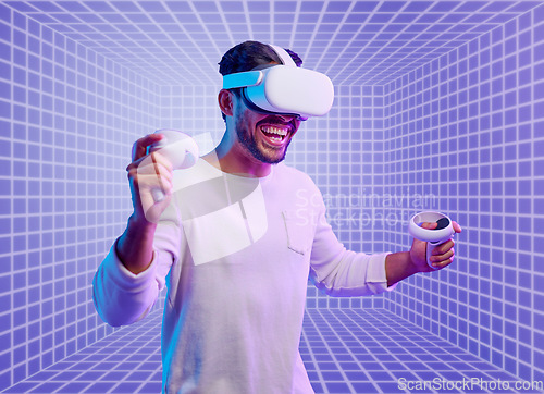 Image of Futuristic, gaming or man in metaverse on purple background with hand vr controllers in neon studio. Wow, virtual reality user or happy fantasy gamer person in cyber 3d ai digital scifi experience