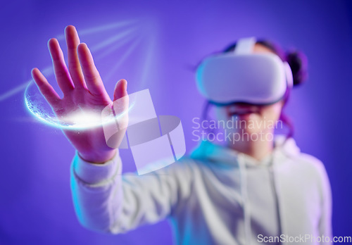 Image of Metaverse, virtual reality and a woman with vr glasses for futuristic gaming, cyber and 3d world. Gamer person with hand for ar light, digital experience and creative cyberpunk purple background app