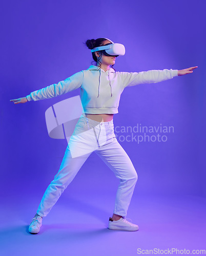 Image of Woman, metaverse and virtual reality glasses for futuristic gaming, cyber and digital world. Gamer person with hands for ar body balance, 3d experience and creative cyberpunk purple background app