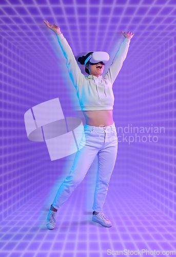 Image of Future, dance or woman in vr or metaverse on purple background gaming, cyberpunk or scifi on digital overlay. Dancing, virtual reality user or happy fantasy gamer person in 3d experience in studio