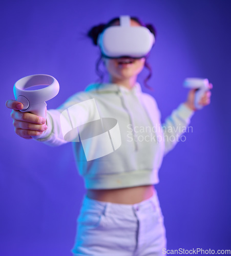 Image of Virtual glasses, woman and games with futuristic tech, mockup and esports with blue studio background. Vr, female and happy lady with headset, gamer or augmented reality for fun, controller or future
