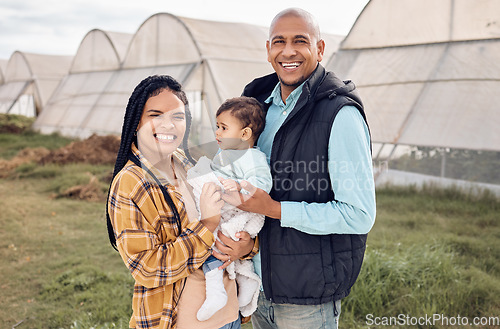 Image of Mother, father and baby in portrait at farm, outdoor and happy for infant kid, growth and sustainable small business. Black family, child and smile for farming sustainability with love by greenhouse