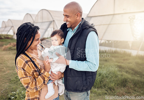 Image of Mom, father and baby with smile at farm, outdoor and happy for infant kid, growth and sustainable small business. Black family, child and excited for farming sustainability with love by greenhouse