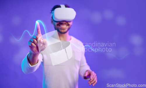 Image of Futuristic, hand and virtual reality, man and screen touch, metaverse and technology innovation in studio. Digital transformation, ux and gaming, cyber tech overlay and vr goggles with mockup space