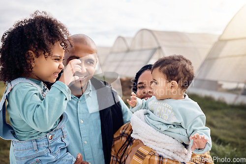 Image of Family, agriculture and parents with children in field for bonding, relax and love in countryside. Sustainability, farming and happy mom, dad and kids together on farm for gardening, nature and calm