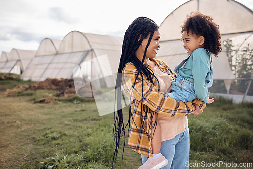 Image of Mother, kids and greenhouse farming on field for sustainability, growth and eco environment, Agriculture of happy black family, mom and children in garden, sustainable countryside and smile in nature