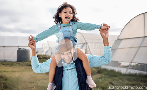 Image of Farm, family and father with girl on shoulder enjoying quality time, bonding and play in countryside field. Agriculture, sustainable farming and dad with daughter smile for love, affection and happy