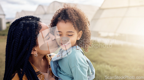 Image of Farming, mother and kids kiss on field, greenhouse and sustainability in eco environment, Agriculture of happy black family, mom and children with love in garden, sustainable countryside and nature