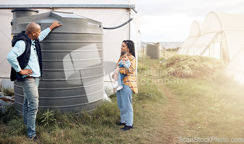 Image of Water, tank and sustainable or sustainability advice by farmer to a mother for the environment on a farm. Saving, agriculture and eco friendly people talking about organic farming in the countryside