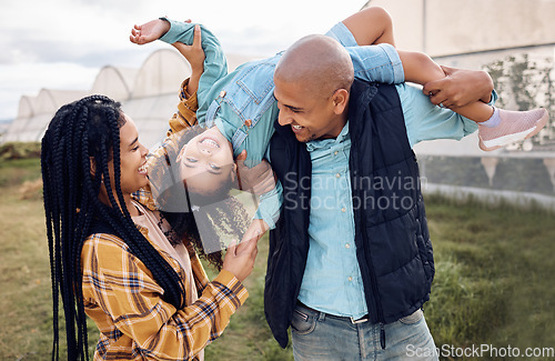 Image of Black family, farm or fun with a girl, mother and father playing outdoor on a field for agriculture. Kids, happy or bonding with parents and their daughter together for sustainability farming