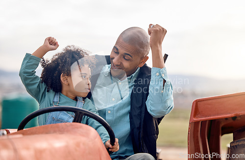 Image of Farming, dad and child celebration of farm and countryside work on a farmer tractor outdoor. Black family, cheering and young boy with father in nature doing sustainability and eco friendly job