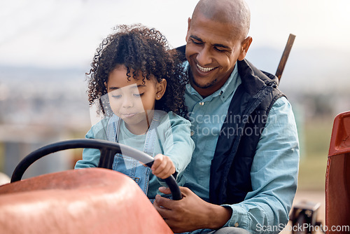 Image of Agriculture, father and daughter on tractor, love and bonding together, outdoor and happiness. Family, dad and girl on farming vehicle, playful or child development on break, smile or loving on break