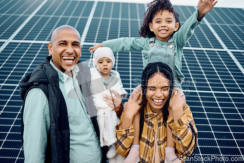 Image of Black family, children or solar panel with parents and daughter siblings on a farm together for sustainability. Kids, love or electricity with man and woman girls bonding outdoor for agriculture