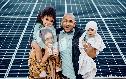 Image of Black family, children or solar energy with parents and daughter siblings on a farm together for sustainability. Kids, love or electricity with man and woman girls bonding outdoor for agriculture