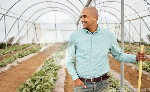 Image of Farmer, thinking or farming tool in agriculture land, greenhouse or sustainability field of vegetables ideas. Smile, happy or worker man and countryside equipment in soil or lettuce growth management