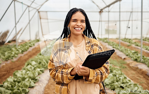 Image of Greenhouse, agriculture and black woman with vegetables growth checklist, agro business development and portrait. Farming, gardening and sustainability person with portfolio for inspection and smile