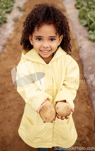 Image of Child, portrait or holding potatoes harvest in greenhouse farm, agriculture field or nature environment in export logistics sales. Smile, happy or farming kid with vegetables, ground food or produce